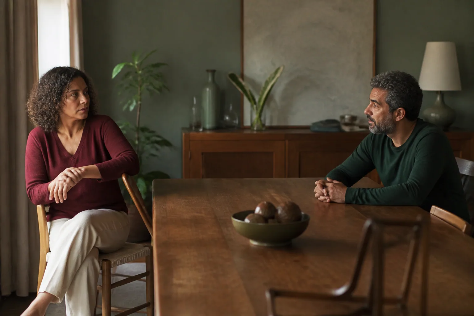 Duas pessoas conversam com distância e atenção em lados diferentes de uma mesa